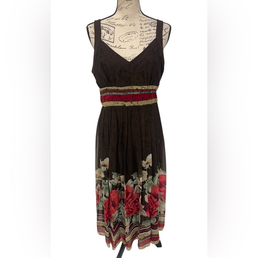 Signature by Robbie Bee 100% Silk Floral Border Midi Dress Size 10 Brown Red